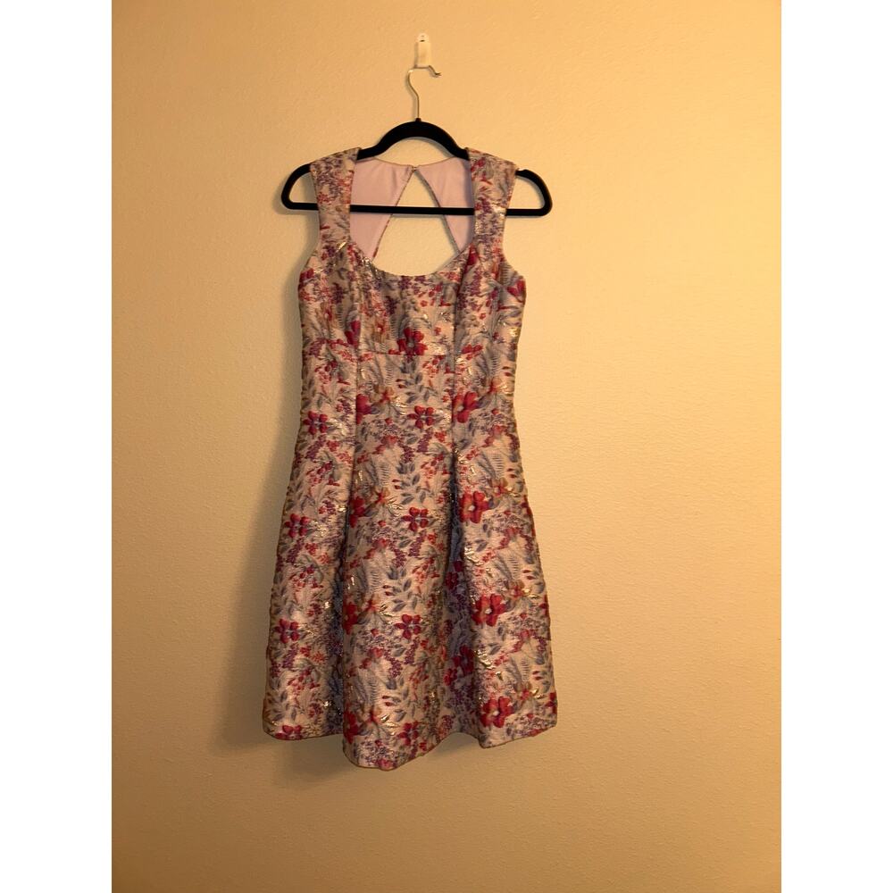Aidan Mattox Floral Jacquard Dress 2 Pink Lilac Metallic Fit Flare Pockets Prom - Picture 3 of 13